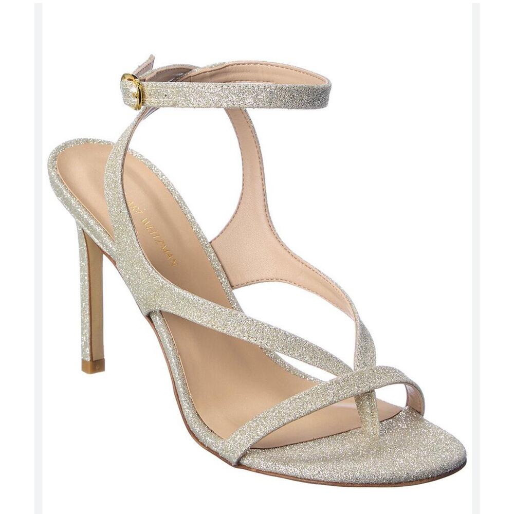 Stuart Weitzman Align 95 Gold Glitter Strappy Heel Party Sandals Size 7.5